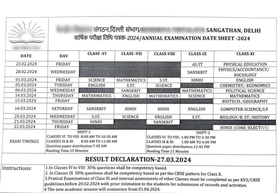 Exam Datesheet Sample 2