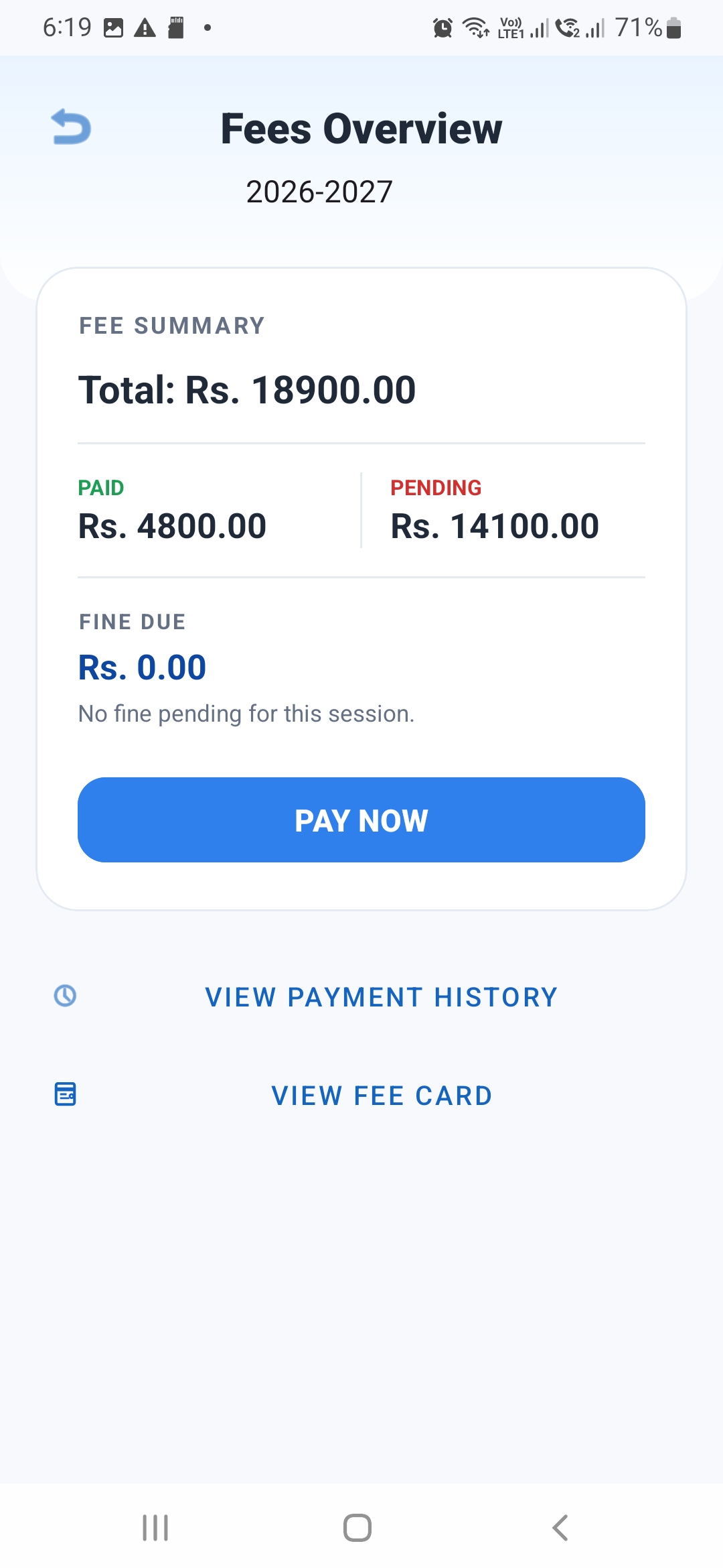 Student app fee summary screen